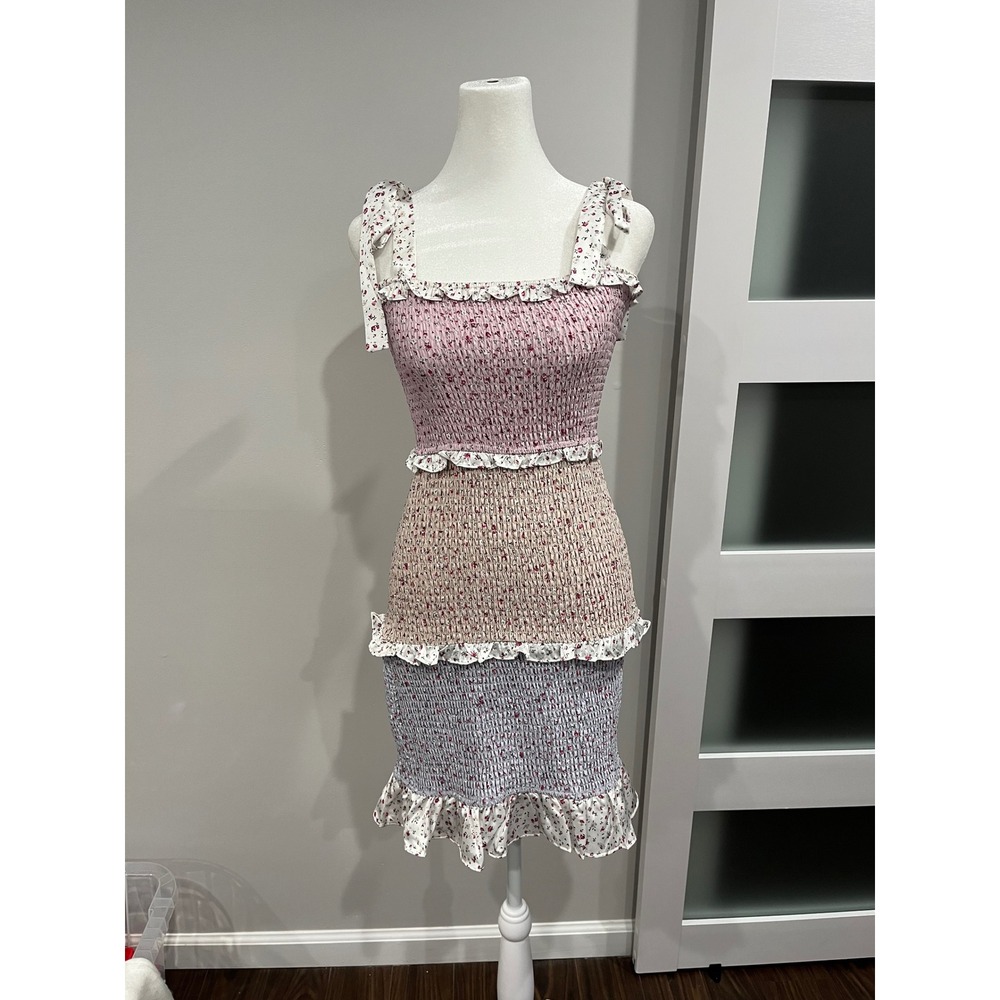 Storia Women‎ Floral boho Smocked Tiered Bodycon Mini Dress Pink Blue Small